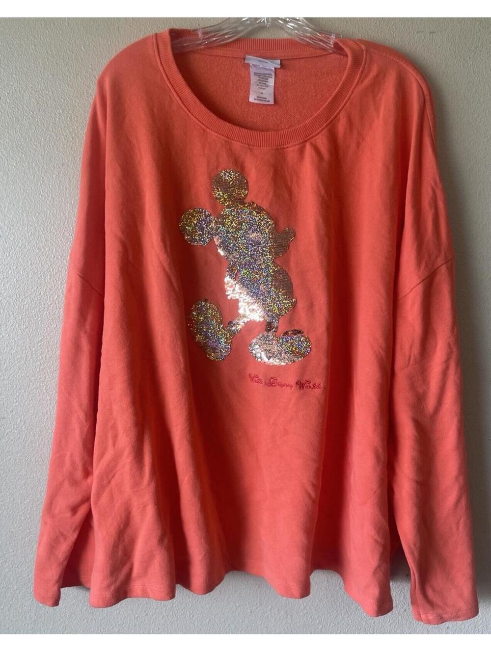 Disney Coral Orange Sequin Mickey Mouse Pullover Sweatshirt